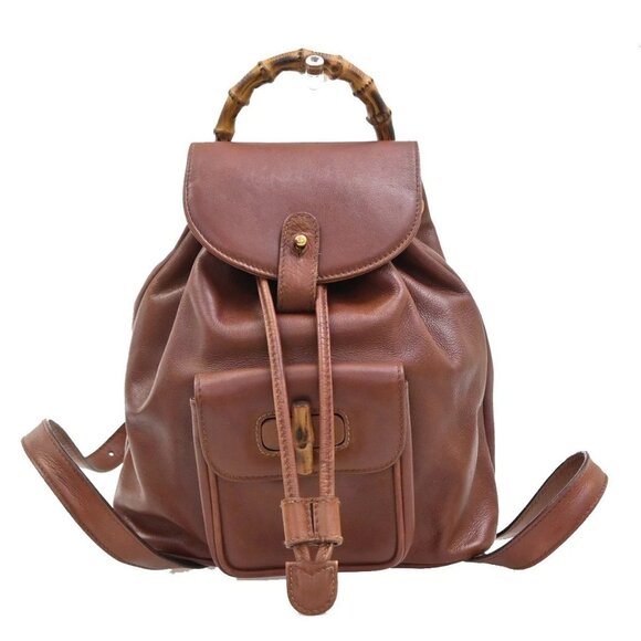 GUCCI Logo Bamboo Drawstring Mini Backpack Bag Leather Brown GHW Italy 38EG182 main image 8